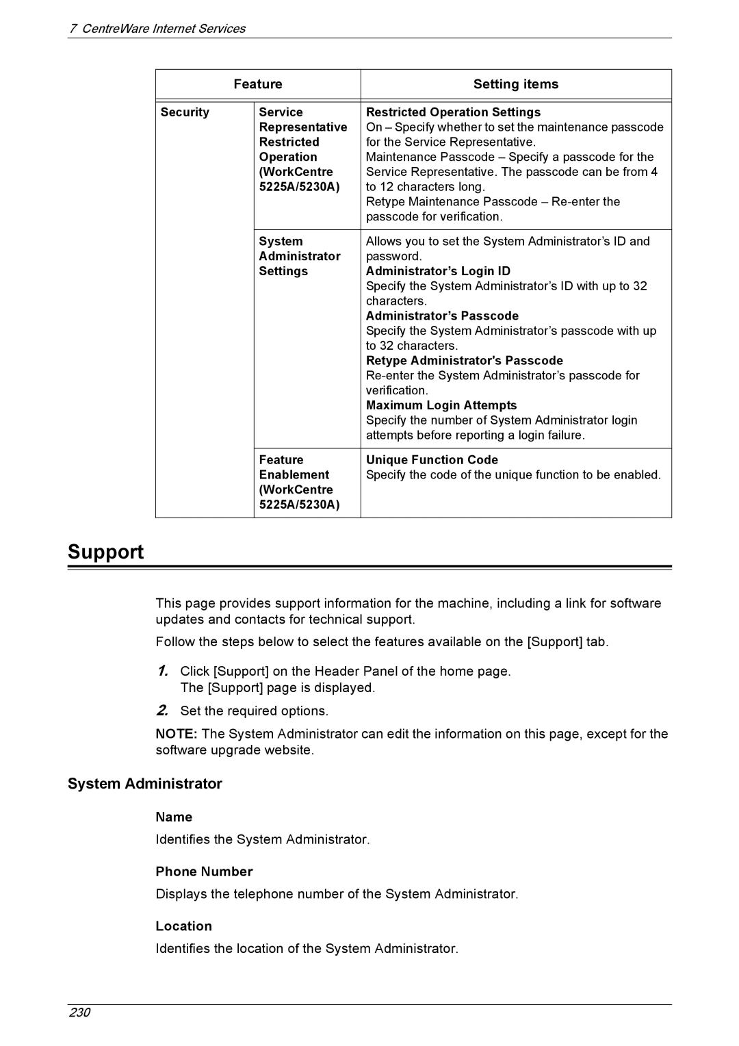 Xerox 5230A, 5225A manual Support, System Administrator, Phone Number, Location 