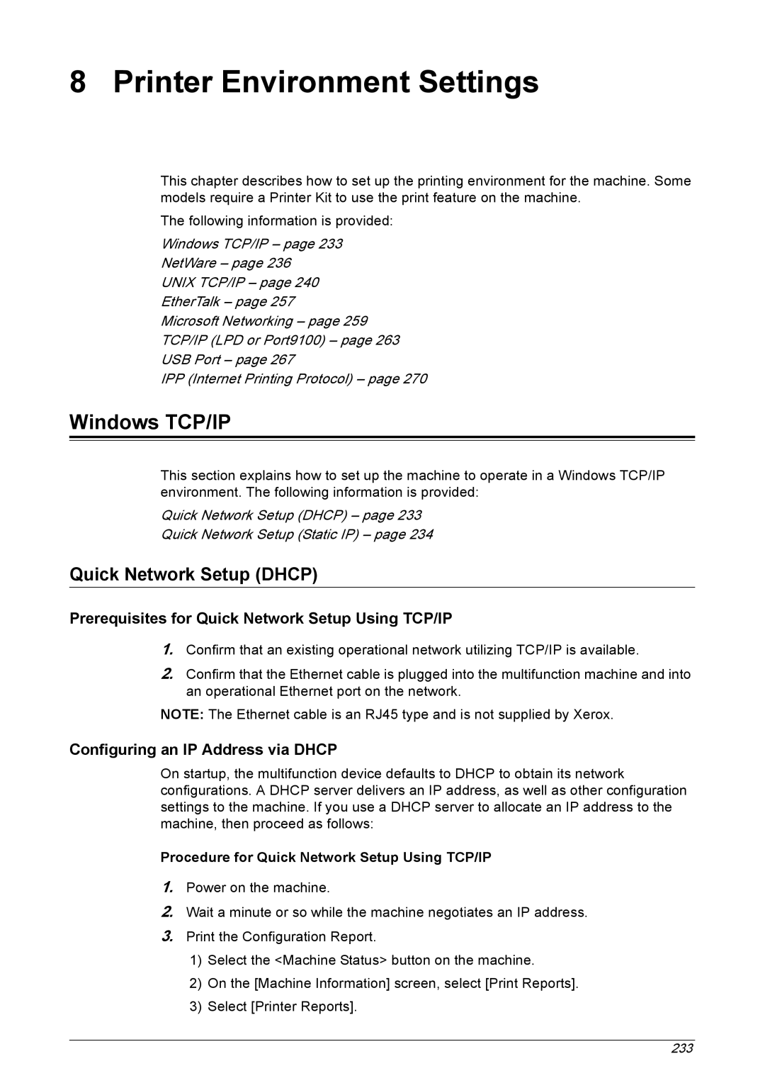 Xerox 5225A, 5230A manual Windows TCP/IP, Quick Network Setup Dhcp, Prerequisites for Quick Network Setup Using TCP/IP 