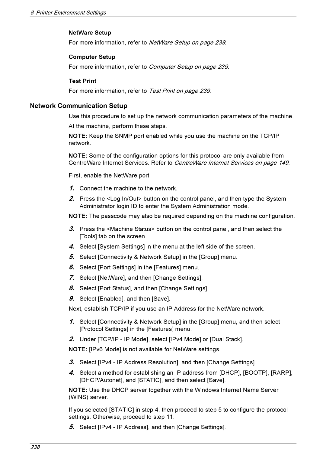 Xerox 5230A, 5225A manual Network Communication Setup, NetWare Setup, Computer Setup, Test Print 