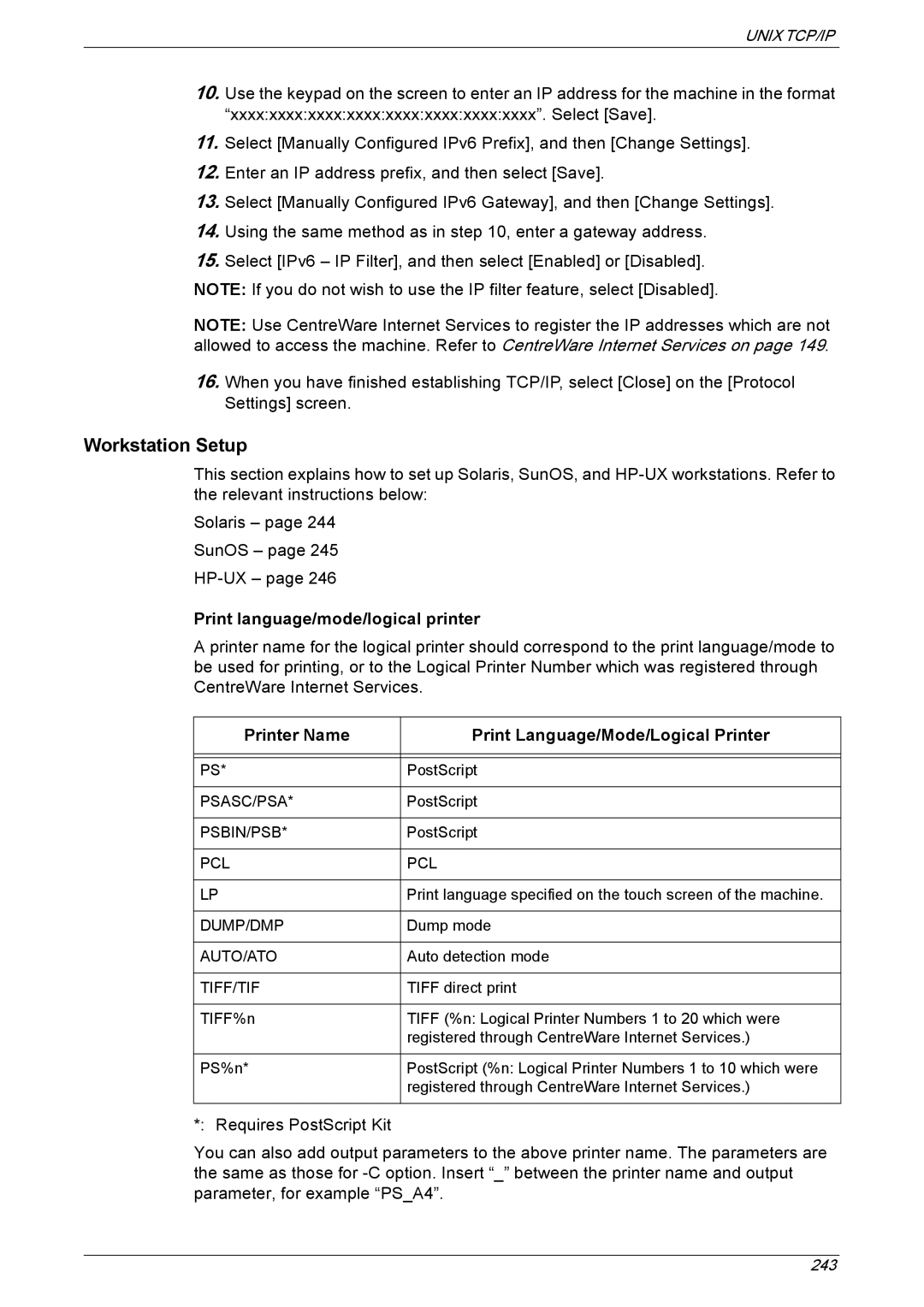 Xerox 5225A manual Workstation Setup, Print language/mode/logical printer, Printer Name Print Language/Mode/Logical Printer 