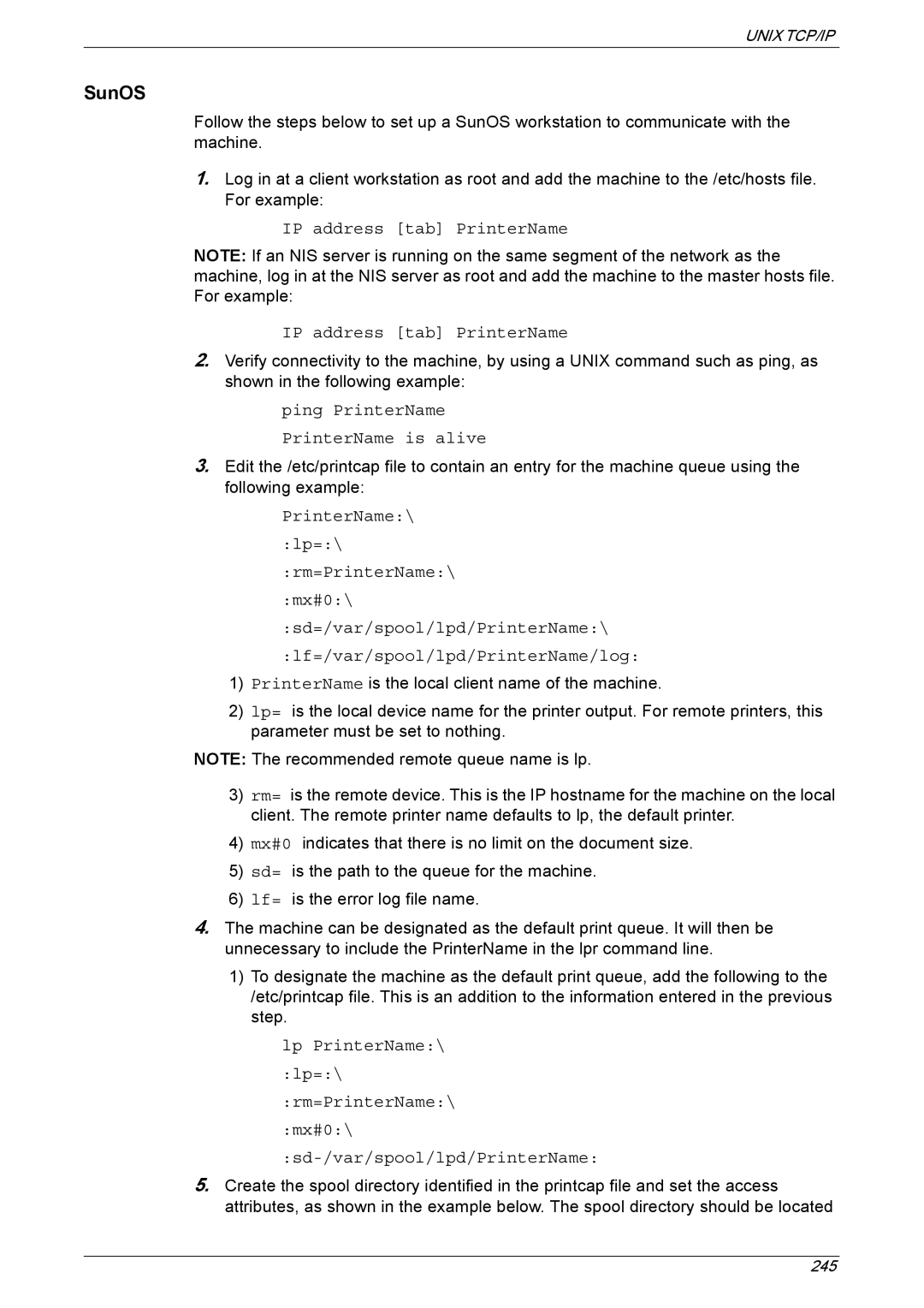 Xerox 5225A, 5230A manual SunOS, IP address tab PrinterName 