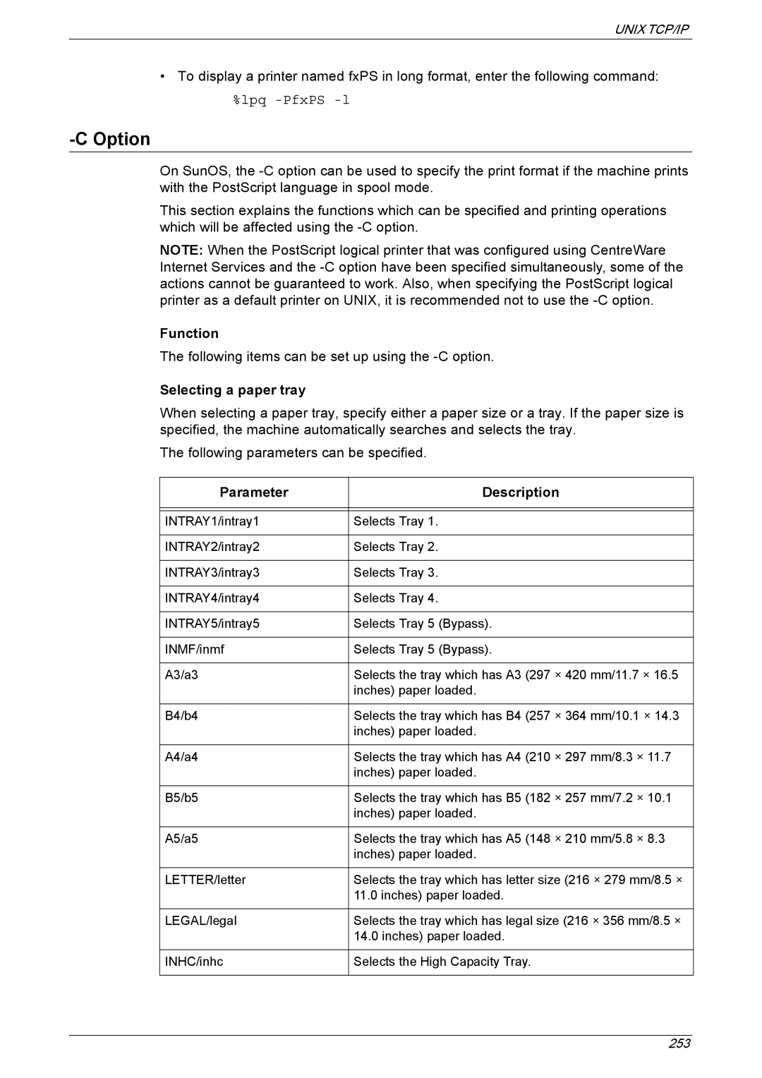 Xerox 5225A, 5230A manual Option, Function, Selecting a paper tray, Parameter Description 