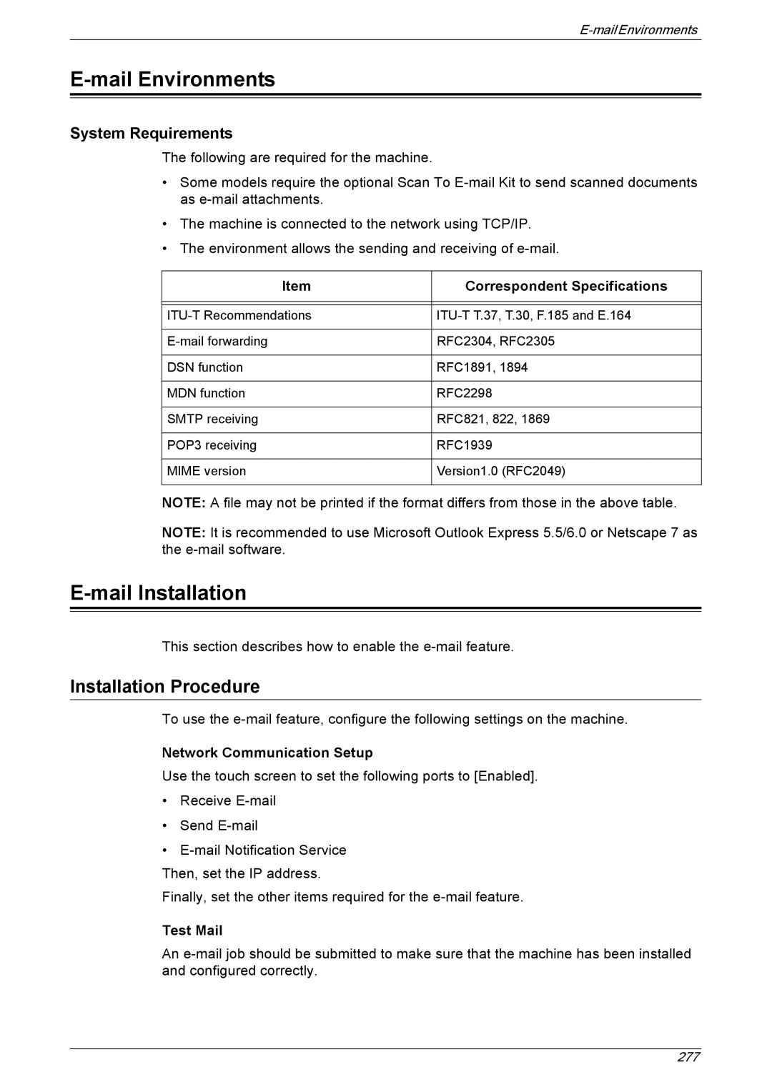 Xerox 5225A, 5230A manual Mail Environments, Mail Installation, System Requirements, Correspondent Specifications, Test Mail 