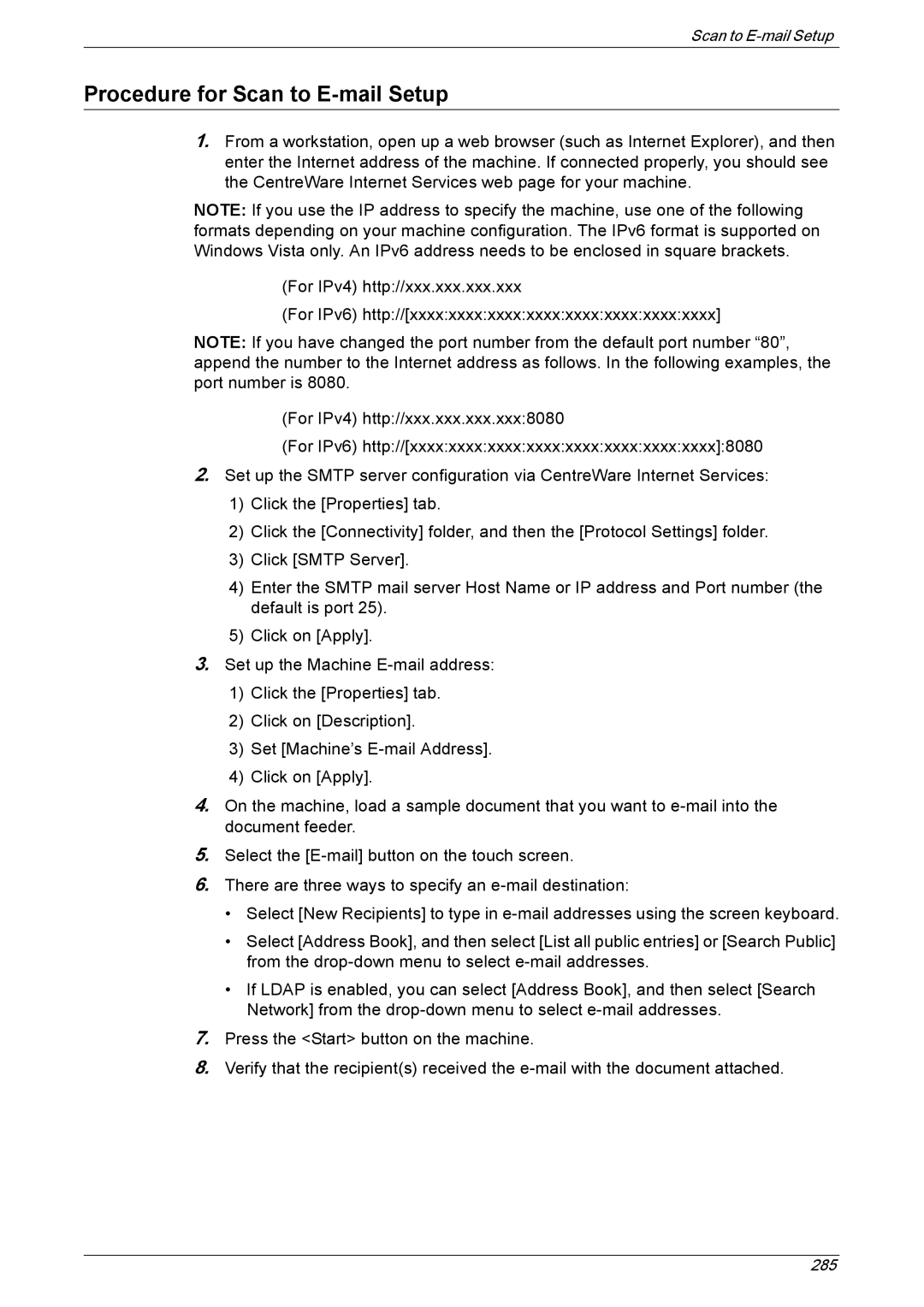 Xerox 5225A, 5230A manual Procedure for Scan to E-mail Setup 