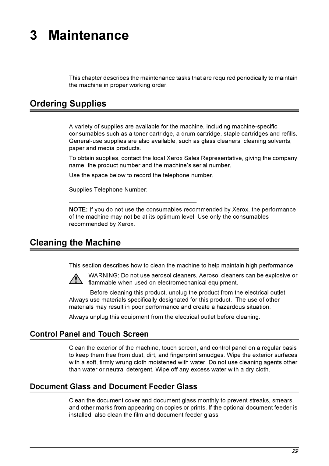 Xerox 5225A, 5230A manual Ordering Supplies, Cleaning the Machine, Control Panel and Touch Screen 