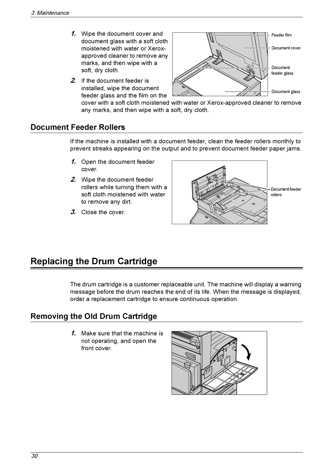 Xerox 5230A, 5225A manual Replacing the Drum Cartridge, Document Feeder Rollers, Removing the Old Drum Cartridge 