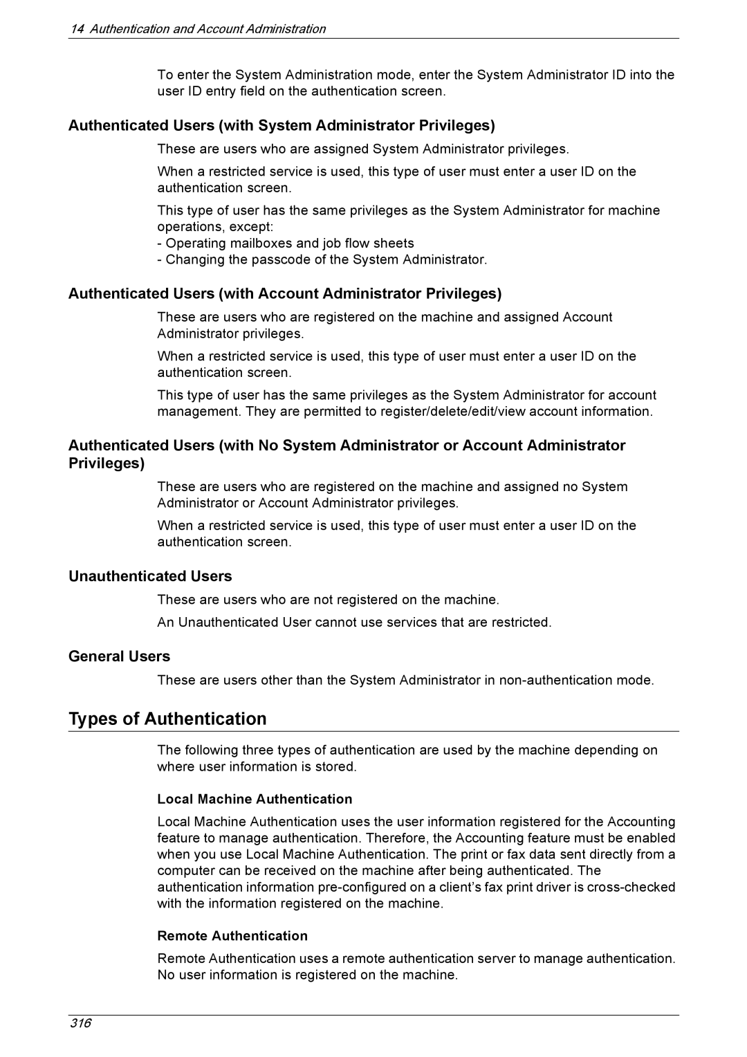 Xerox 5230A manual Types of Authentication, Authenticated Users with System Administrator Privileges, Unauthenticated Users 