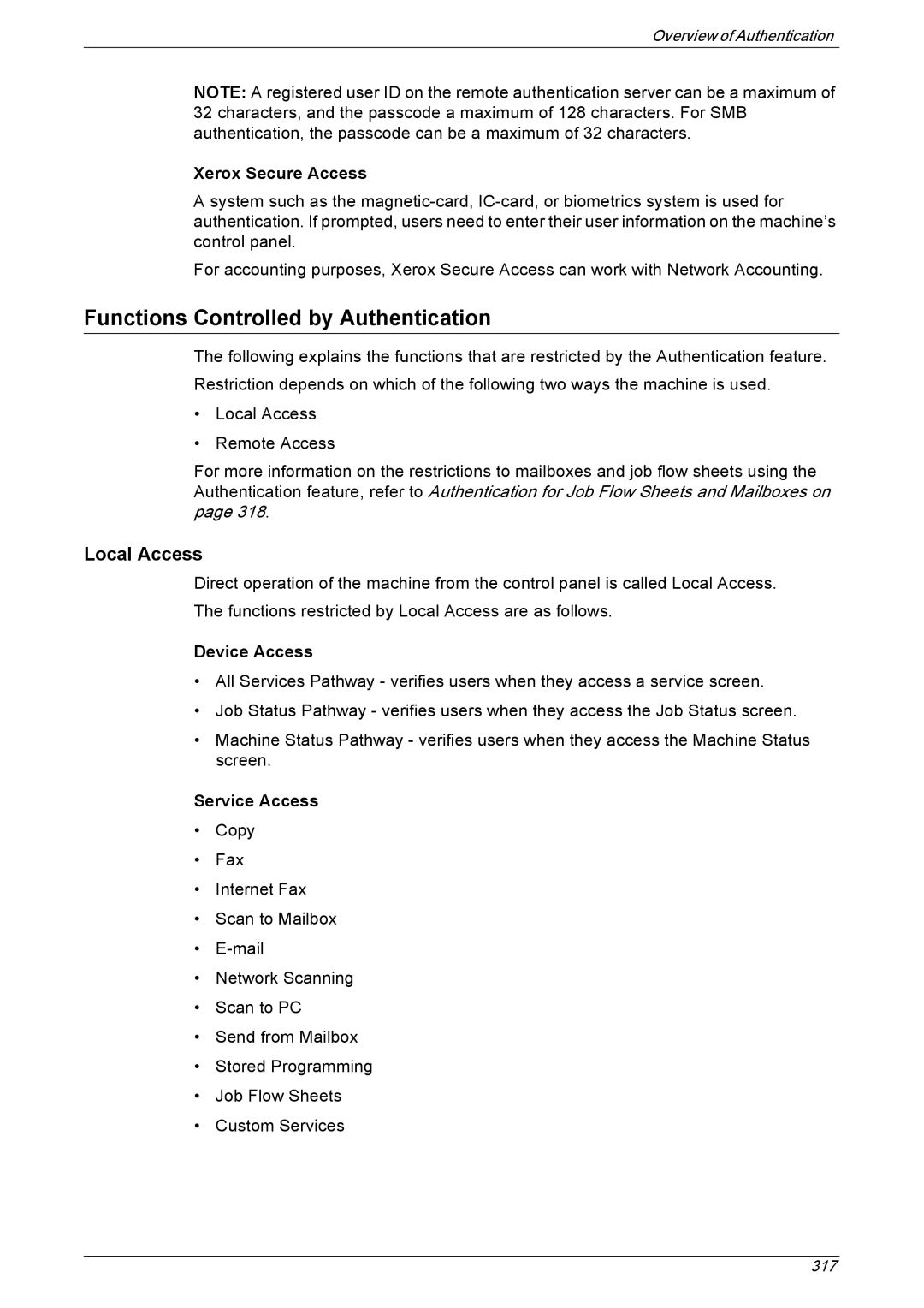 Xerox 5225A, 5230A manual Functions Controlled by Authentication, Local Access, Xerox Secure Access 