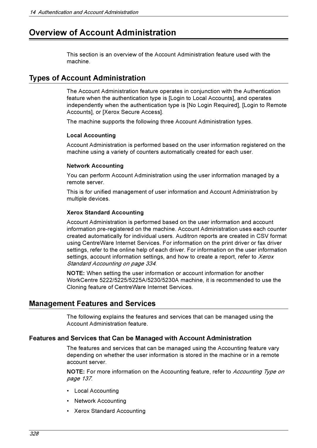 Xerox 5230A, 5225A Overview of Account Administration, Types of Account Administration, Management Features and Services 