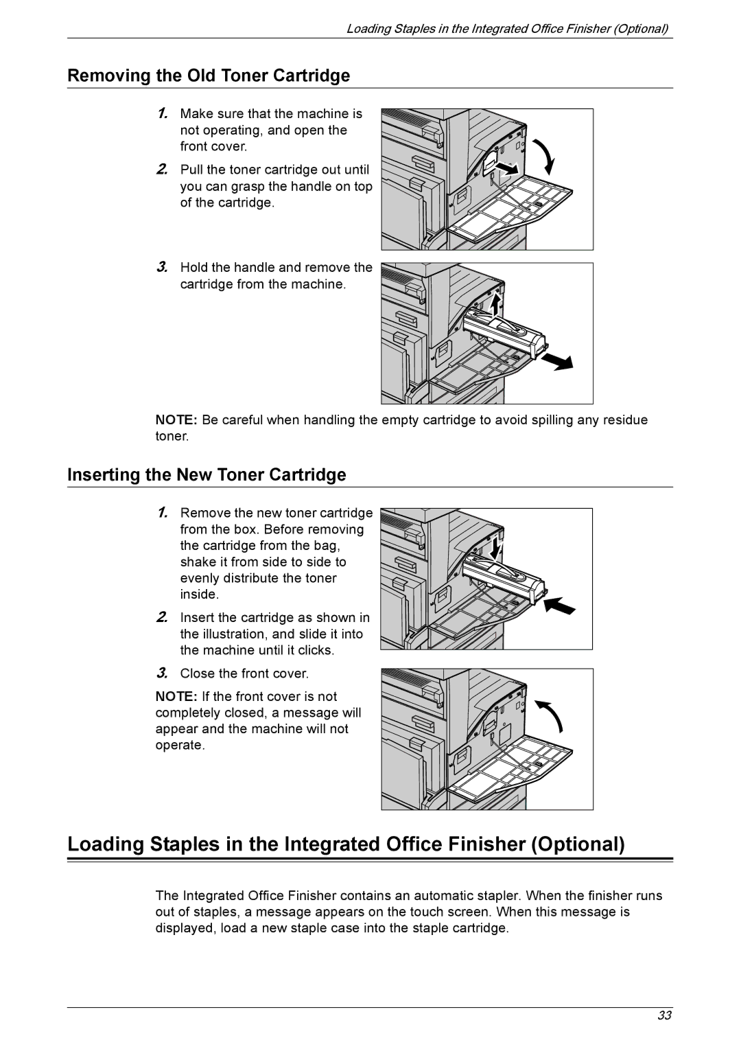 Xerox 5225A, 5230A manual Loading Staples in the Integrated Office Finisher Optional, Removing the Old Toner Cartridge 