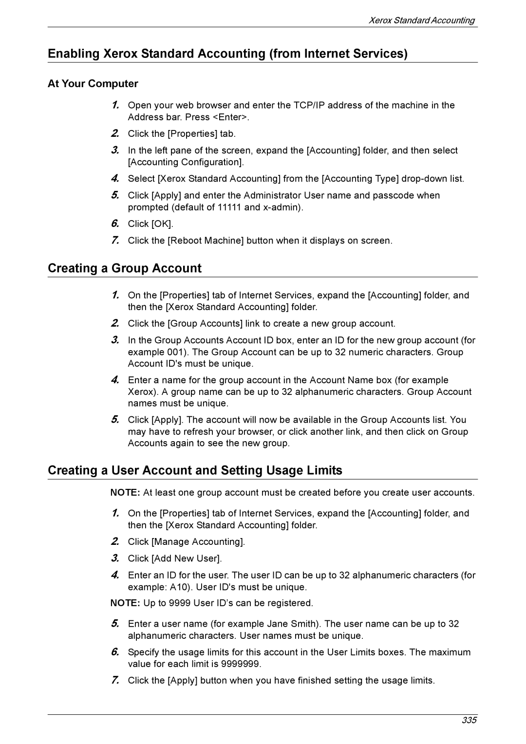 Xerox 5225A, 5230A Enabling Xerox Standard Accounting from Internet Services, Creating a Group Account, At Your Computer 