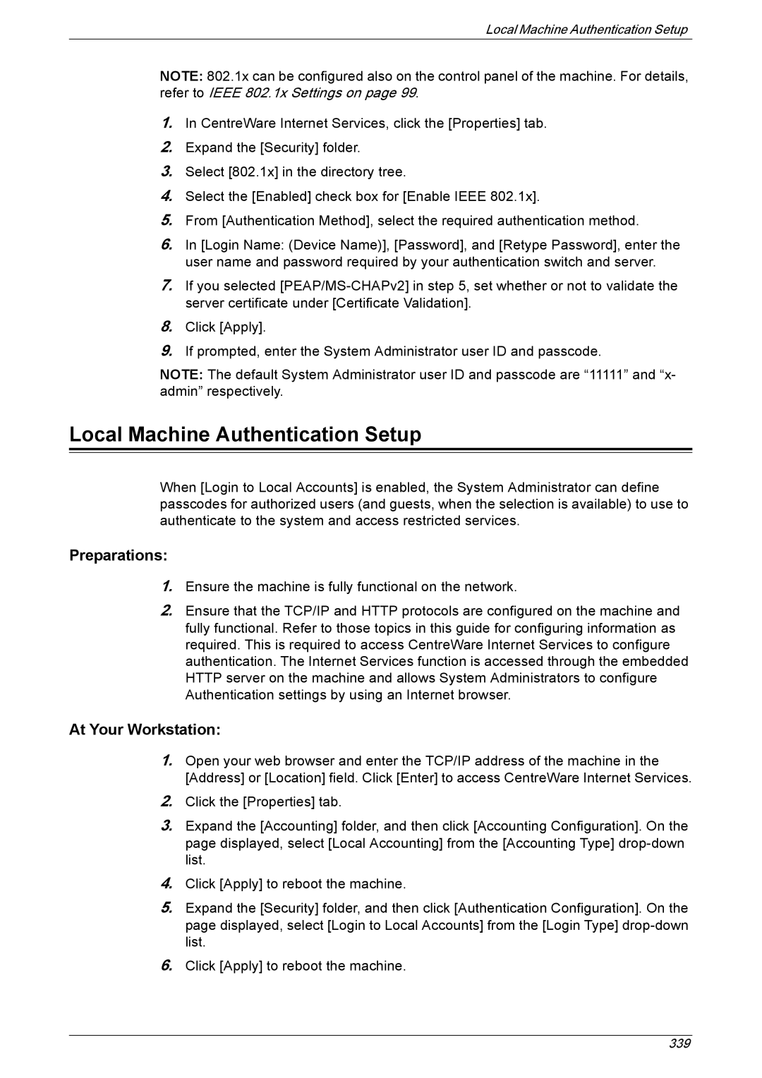 Xerox 5225A, 5230A manual Local Machine Authentication Setup, Preparations 