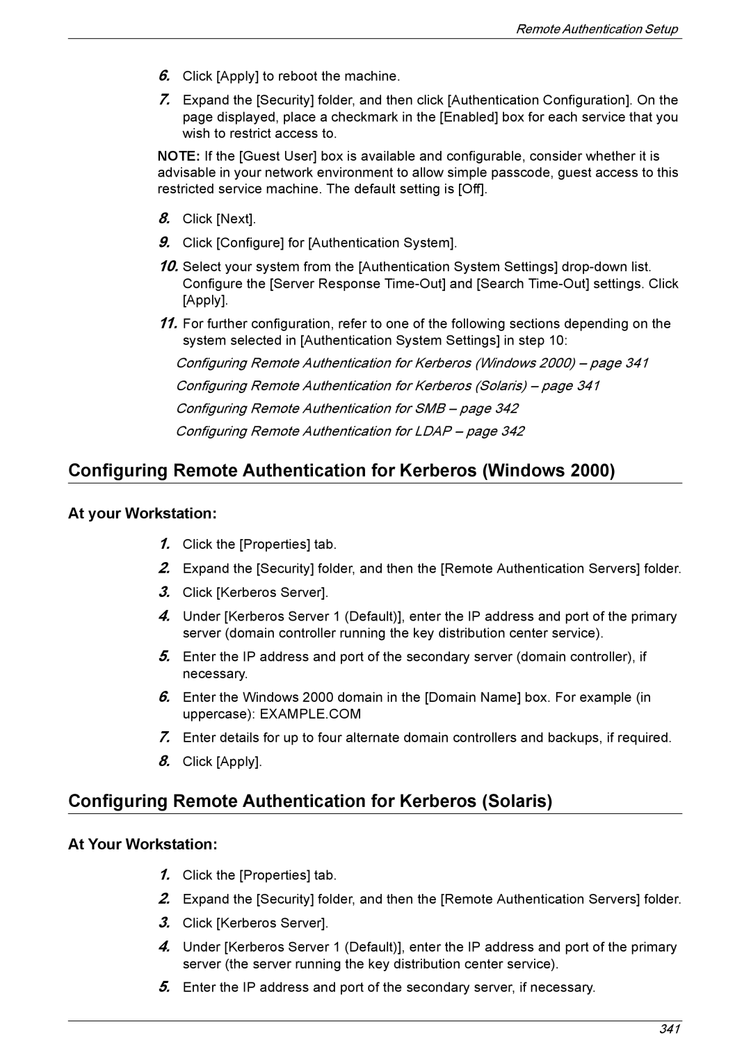 Xerox 5225A Configuring Remote Authentication for Kerberos Windows, Configuring Remote Authentication for Kerberos Solaris 