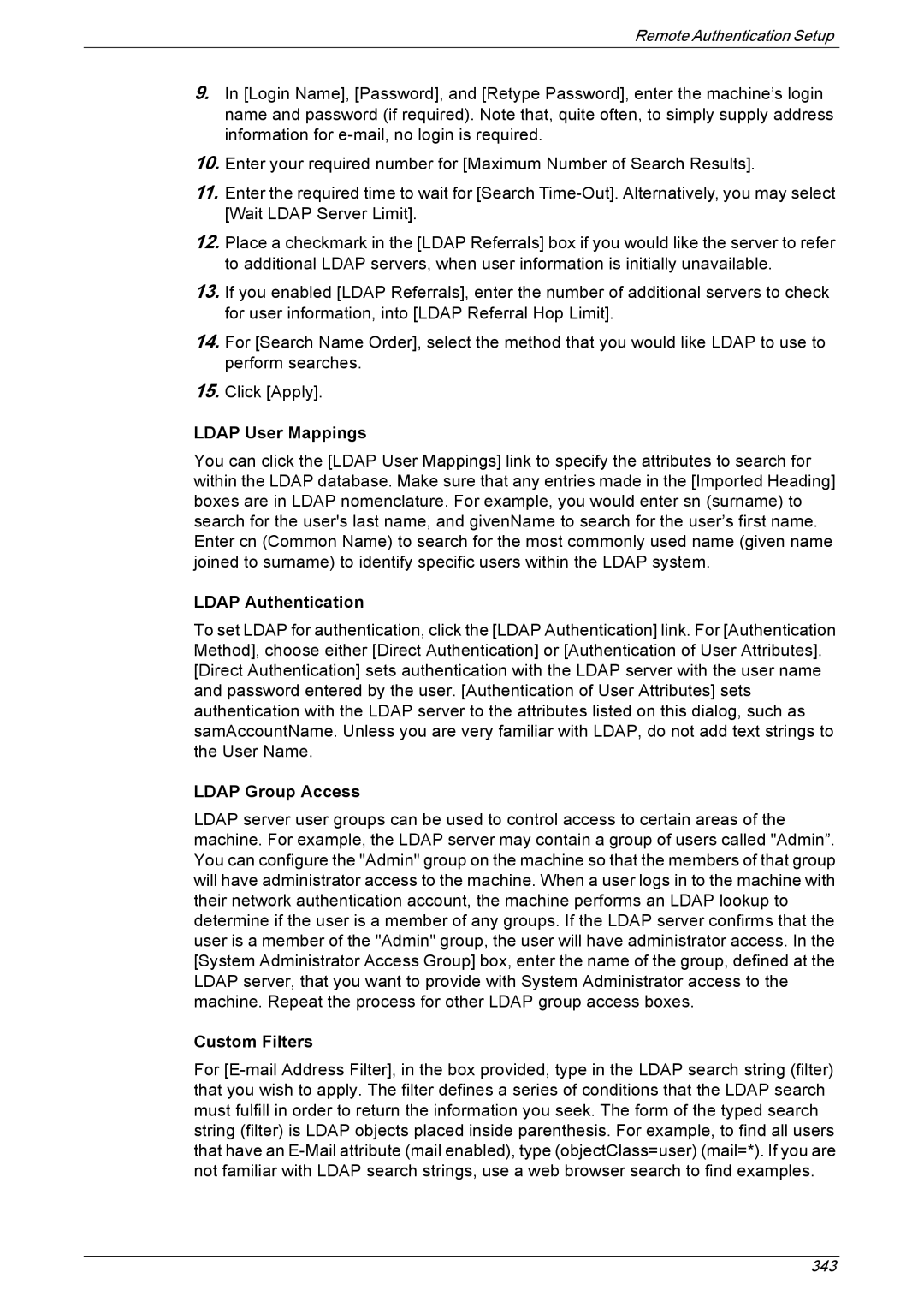 Xerox 5225A, 5230A manual Ldap User Mappings, Ldap Authentication, Ldap Group Access, Custom Filters 