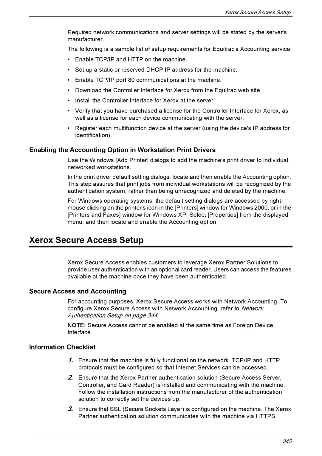 Xerox 5225A Xerox Secure Access Setup, Enabling the Accounting Option in Workstation Print Drivers, Information Checklist 