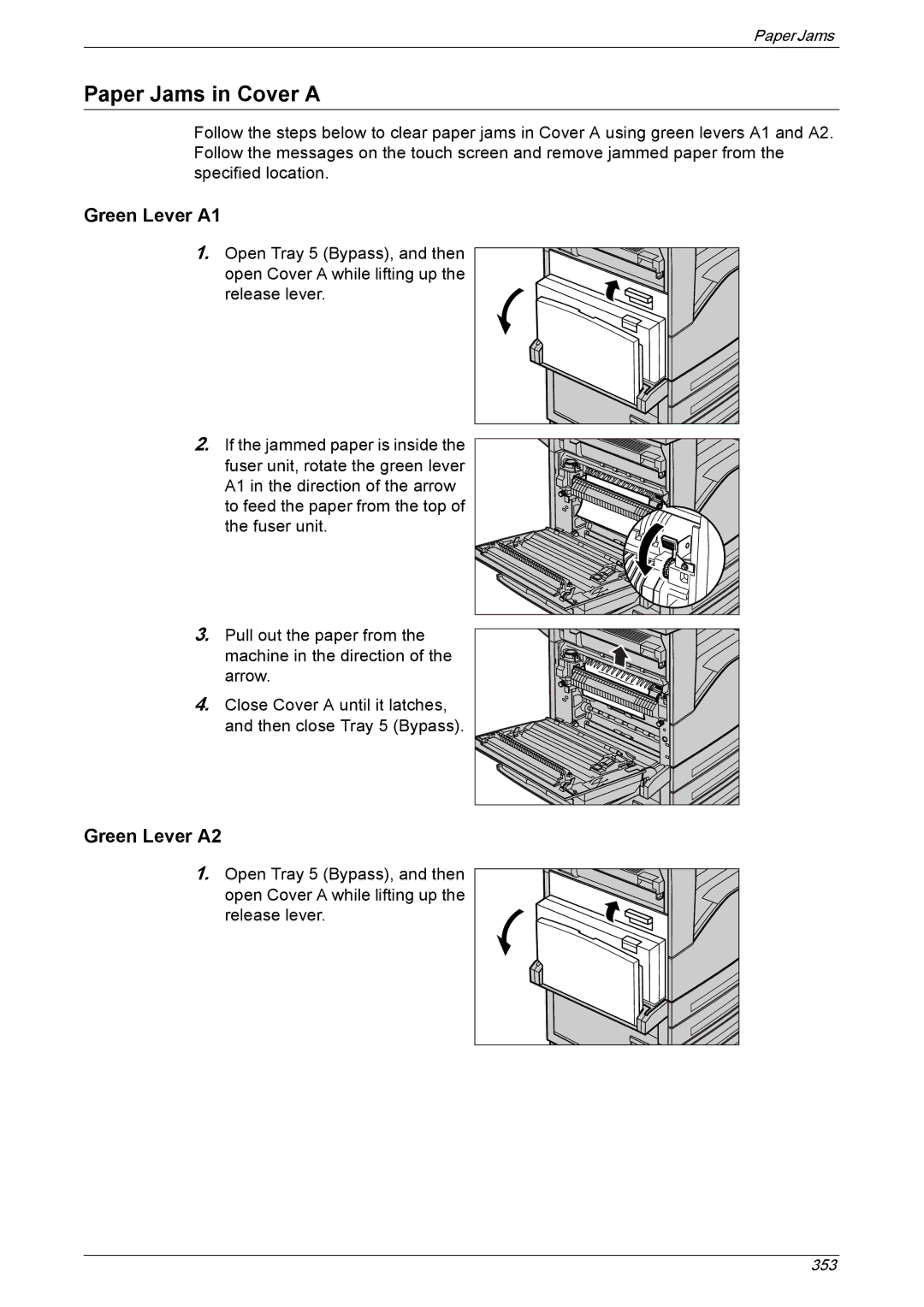 Xerox 5225A, 5230A manual Paper Jams in Cover a, Green Lever A1, Green Lever A2 