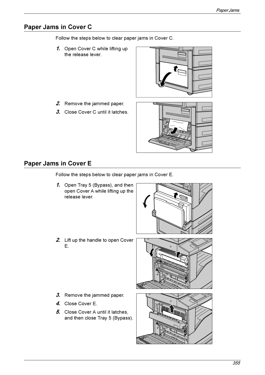 Xerox 5225A, 5230A manual Paper Jams in Cover C, Paper Jams in Cover E 