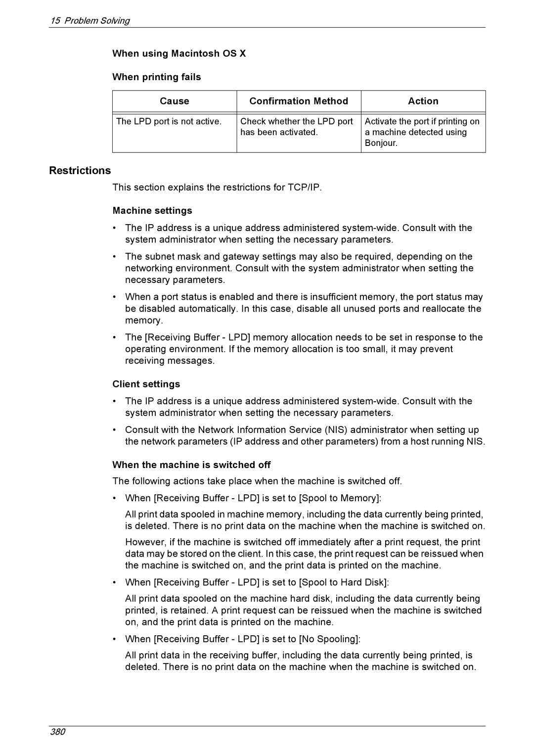 Xerox 5230A, 5225A manual This section explains the restrictions for TCP/IP 