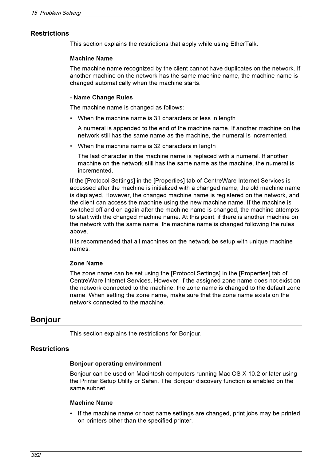 Xerox 5230A, 5225A manual Name Change Rules, Zone Name, Bonjour operating environment 