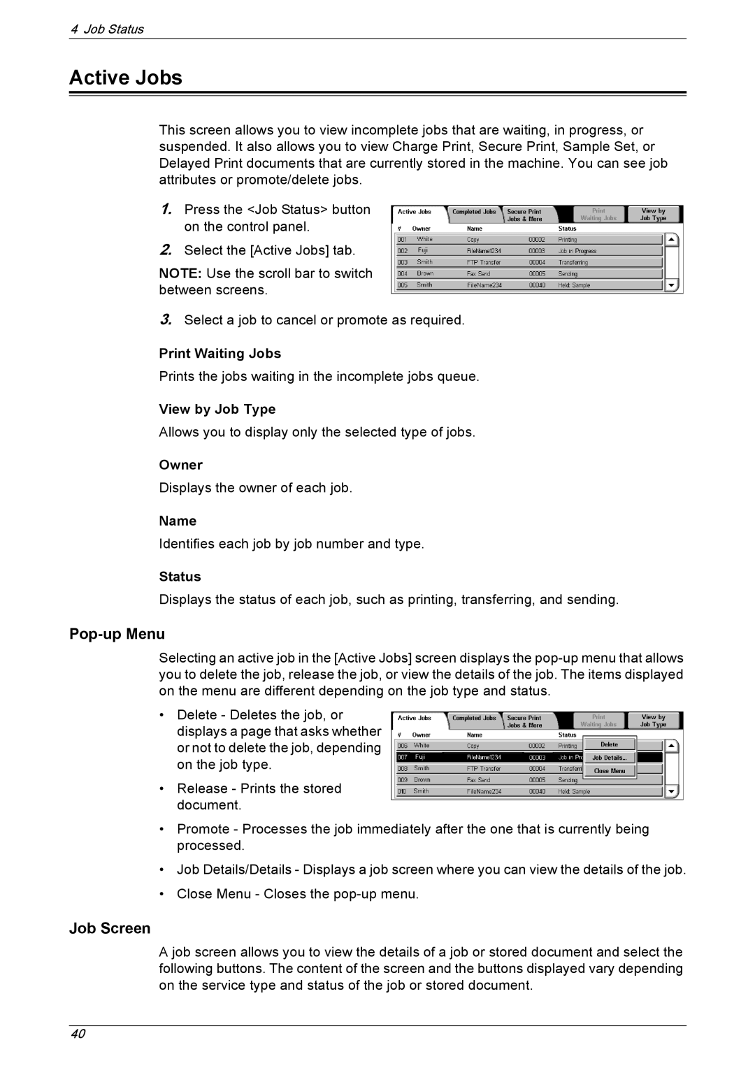 Xerox 5230A, 5225A manual Active Jobs, Pop-up Menu, Job Screen 