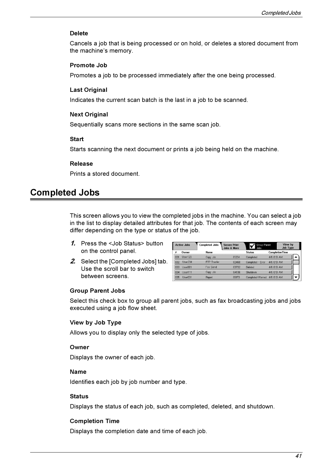 Xerox 5225A, 5230A manual Completed Jobs 