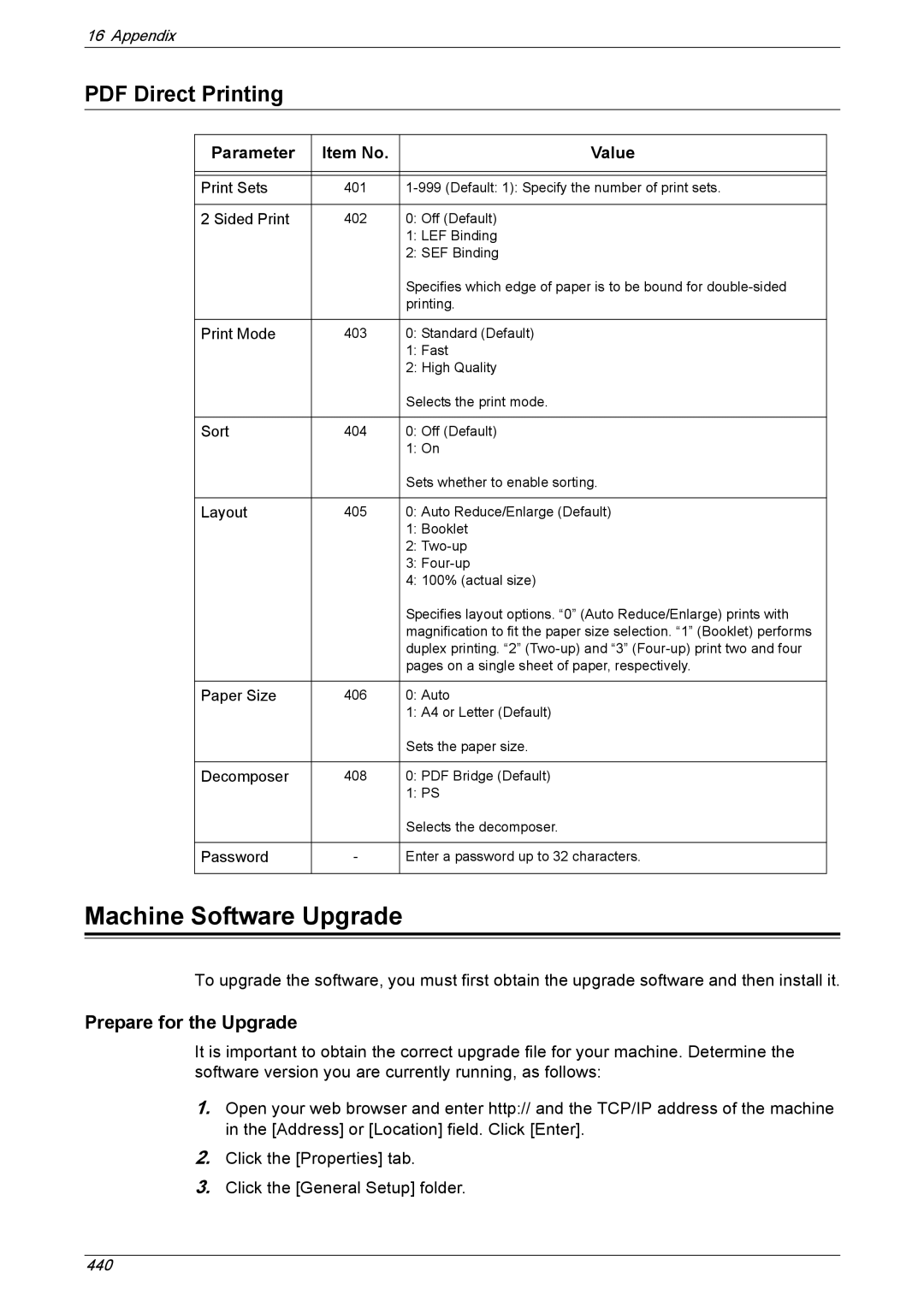 Xerox 5230A, 5225A manual Machine Software Upgrade, Prepare for the Upgrade, Parameter Item No Value 