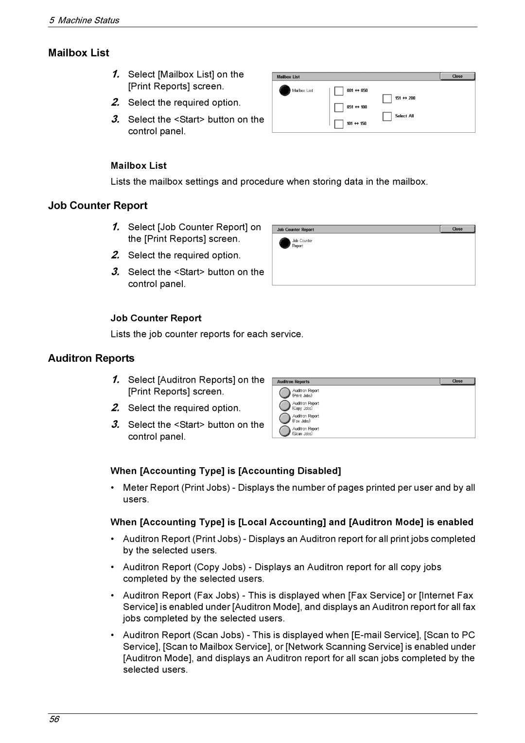 Xerox 5230A, 5225A manual Mailbox List, Job Counter Report, Auditron Reports 