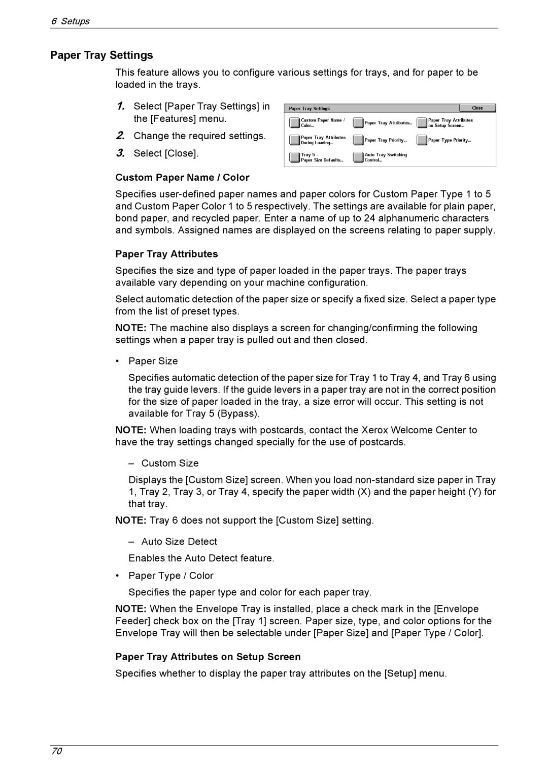 Xerox 5230A, 5225A manual Paper Tray Settings, Custom Paper Name / Color, Paper Tray Attributes on Setup Screen 