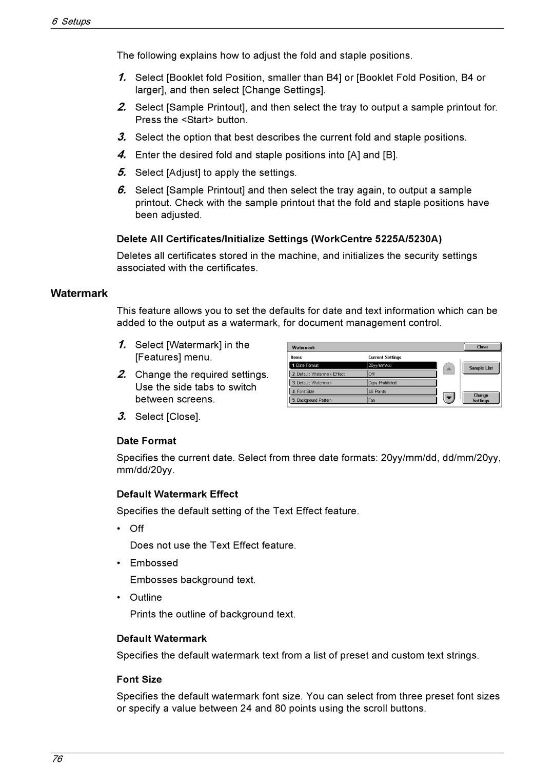 Xerox 5230A, 5225A manual Date Format, Default Watermark Effect, Font Size 