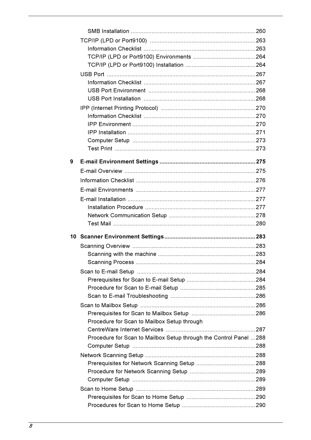 Xerox 5230A, 5225A manual Mail Environment Settings 275, Scanner Environment Settings 283 