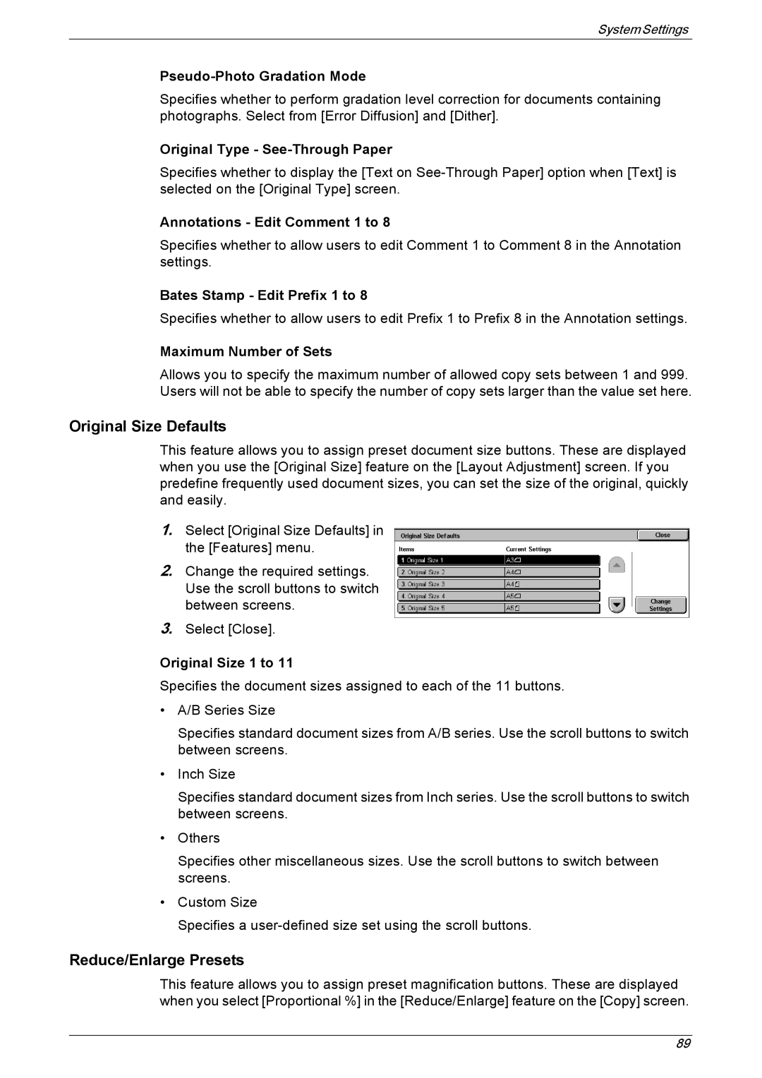 Xerox 5225A, 5230A manual Original Size Defaults, Reduce/Enlarge Presets 