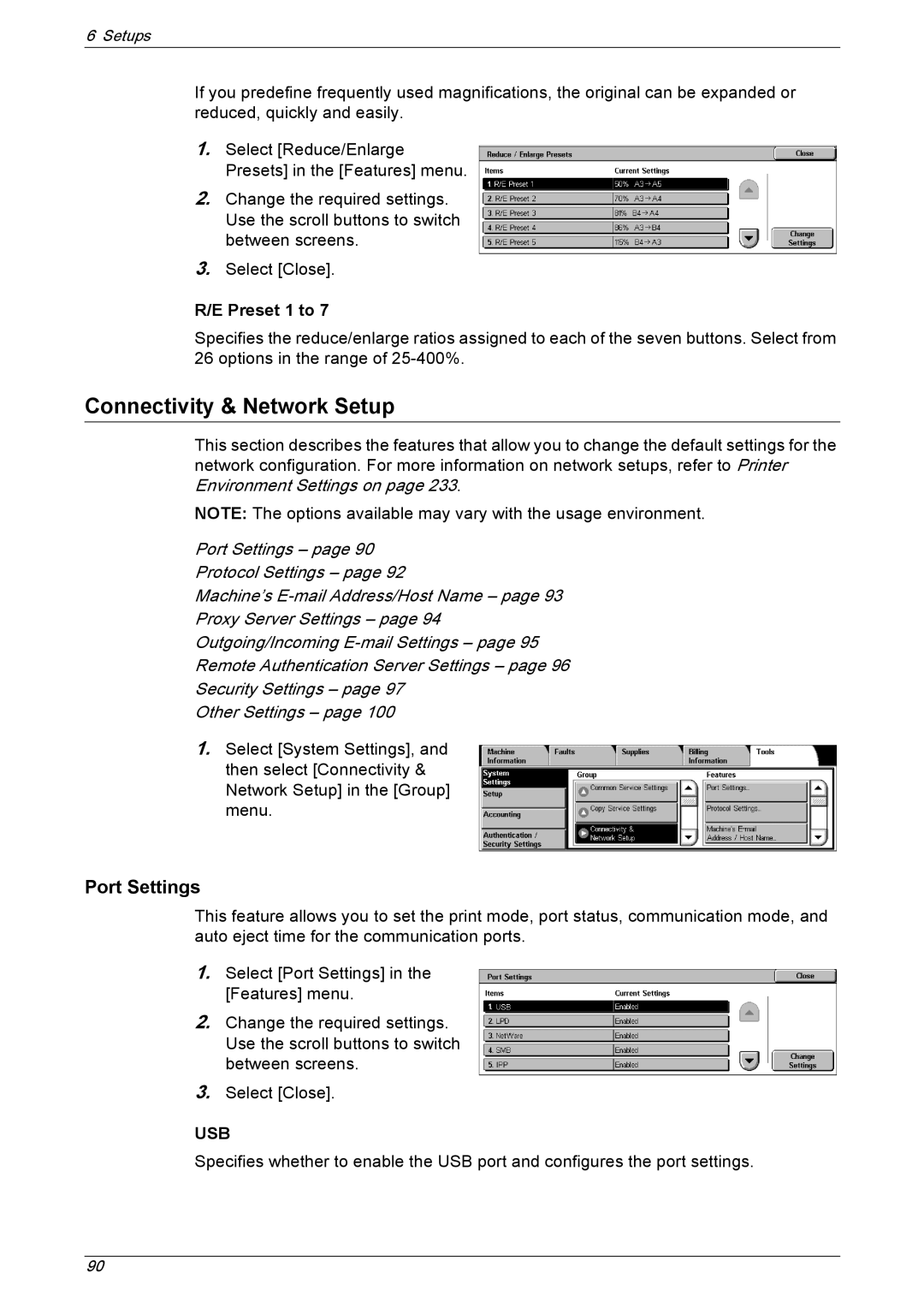 Xerox 5230A, 5225A manual Connectivity & Network Setup, Port Settings, Preset 1 to 