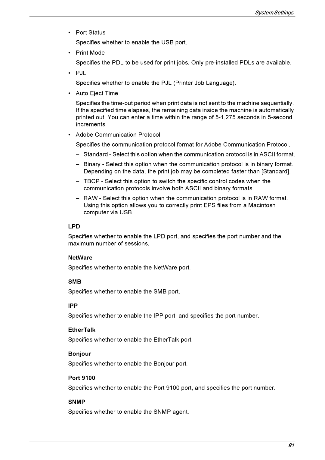 Xerox 5225A, 5230A manual NetWare, EtherTalk, Bonjour, Port 