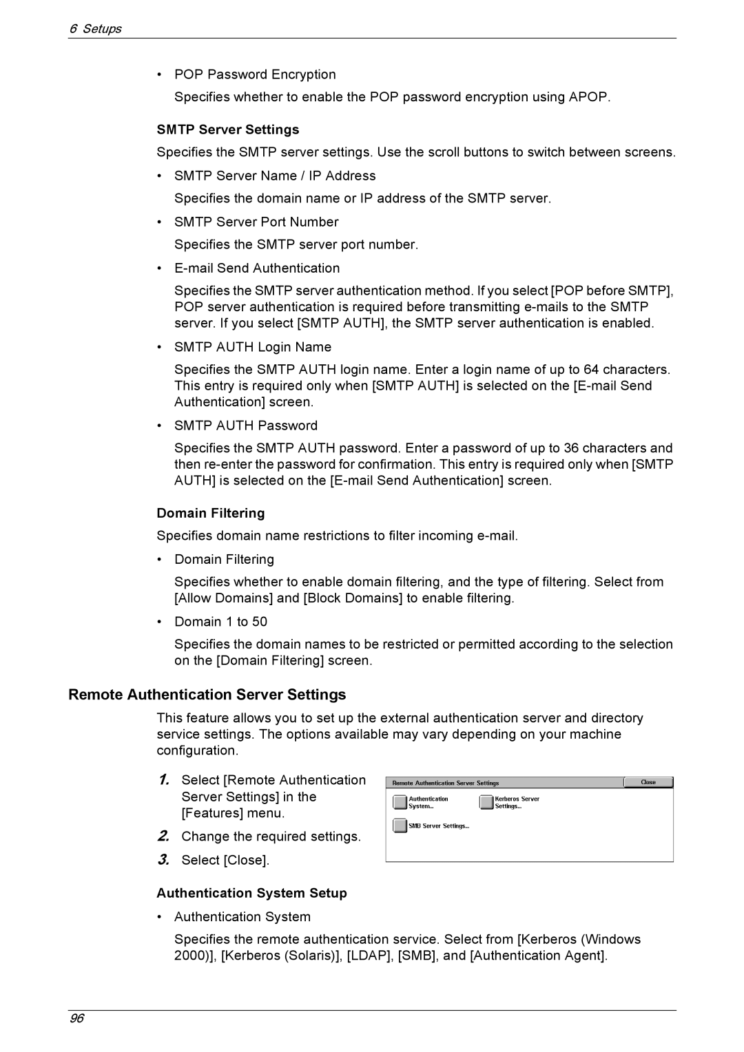 Xerox 5230A Remote Authentication Server Settings, Smtp Server Settings, Domain Filtering, Authentication System Setup 