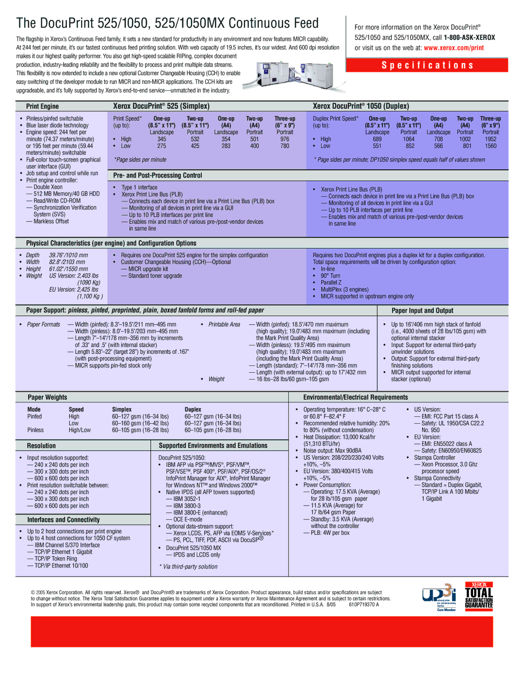 Xerox 525/1050MX specifications Print Engine, Pre- and Post-Processing Control, Paper Input and Output, Resolution 