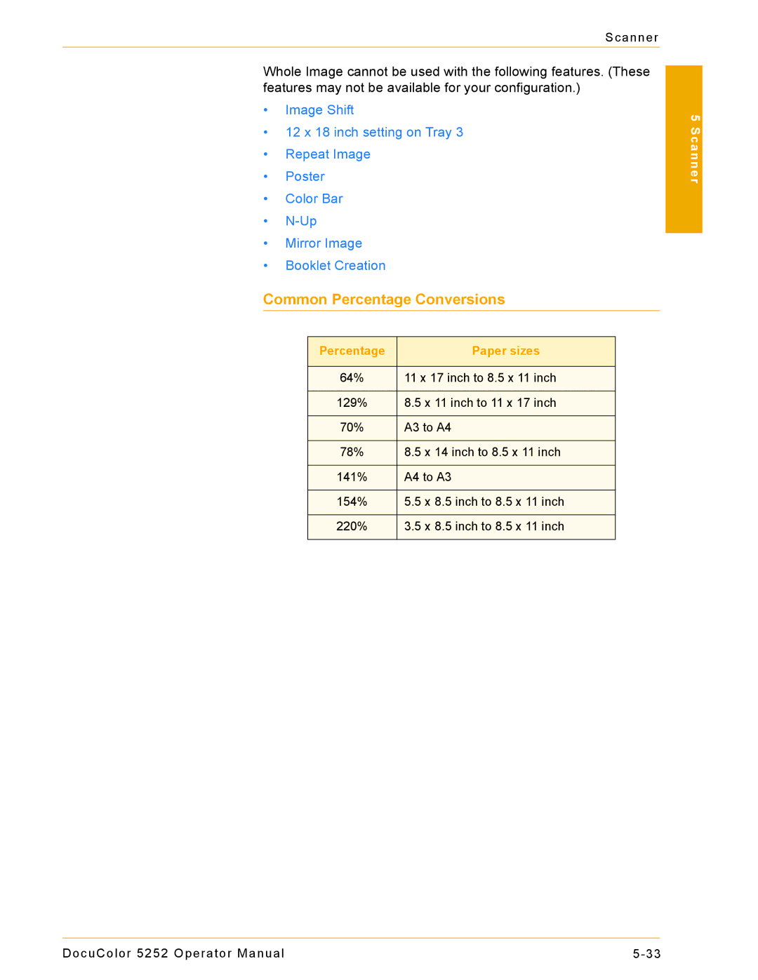 Xerox 5252 manual Common Percentage Conversions, Percentage Paper sizes 