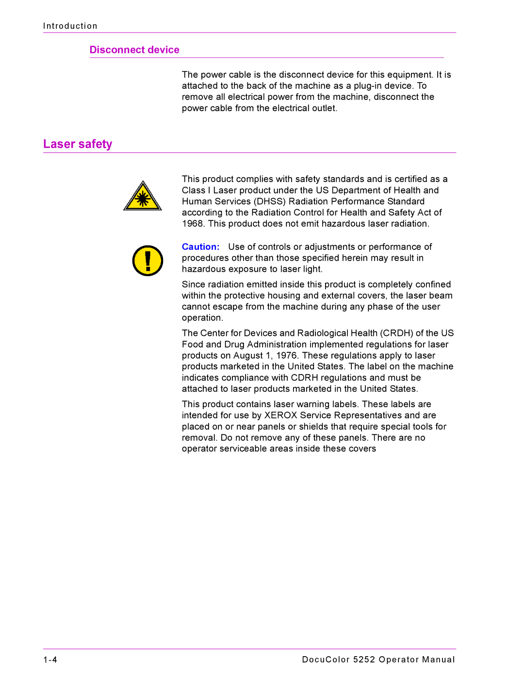 Xerox 5252 manual Laser safety 