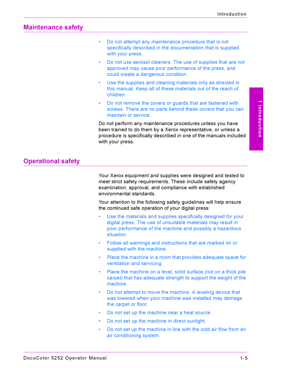 Xerox 5252 manual Maintenance safety 