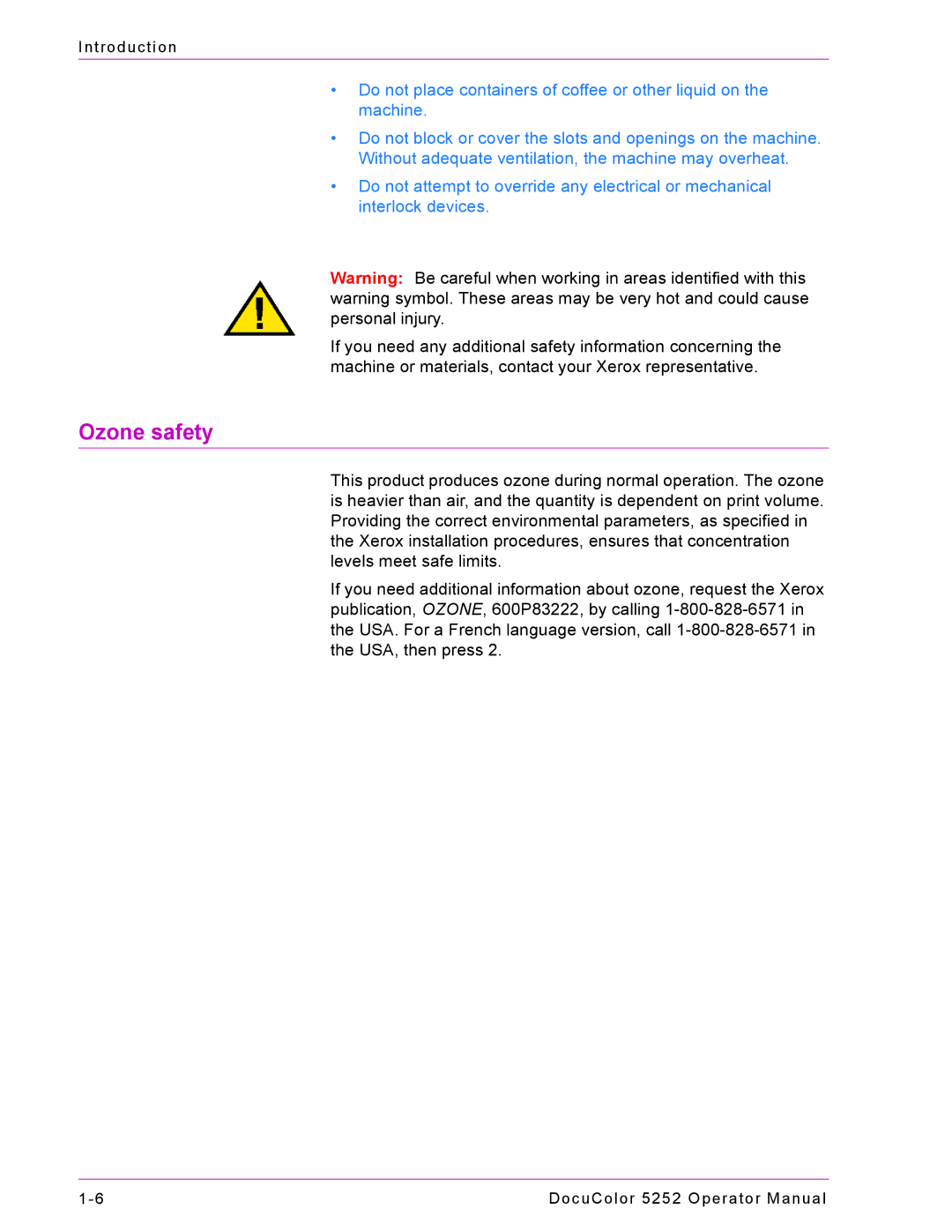 Xerox 5252 manual Ozone safety 