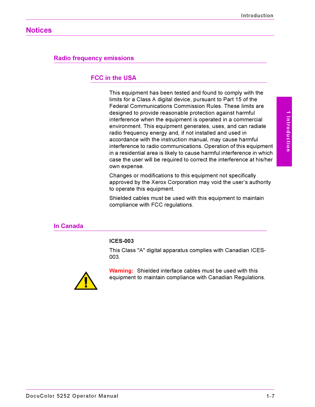 Xerox 5252 manual Radio frequency emissions FCC in the USA 