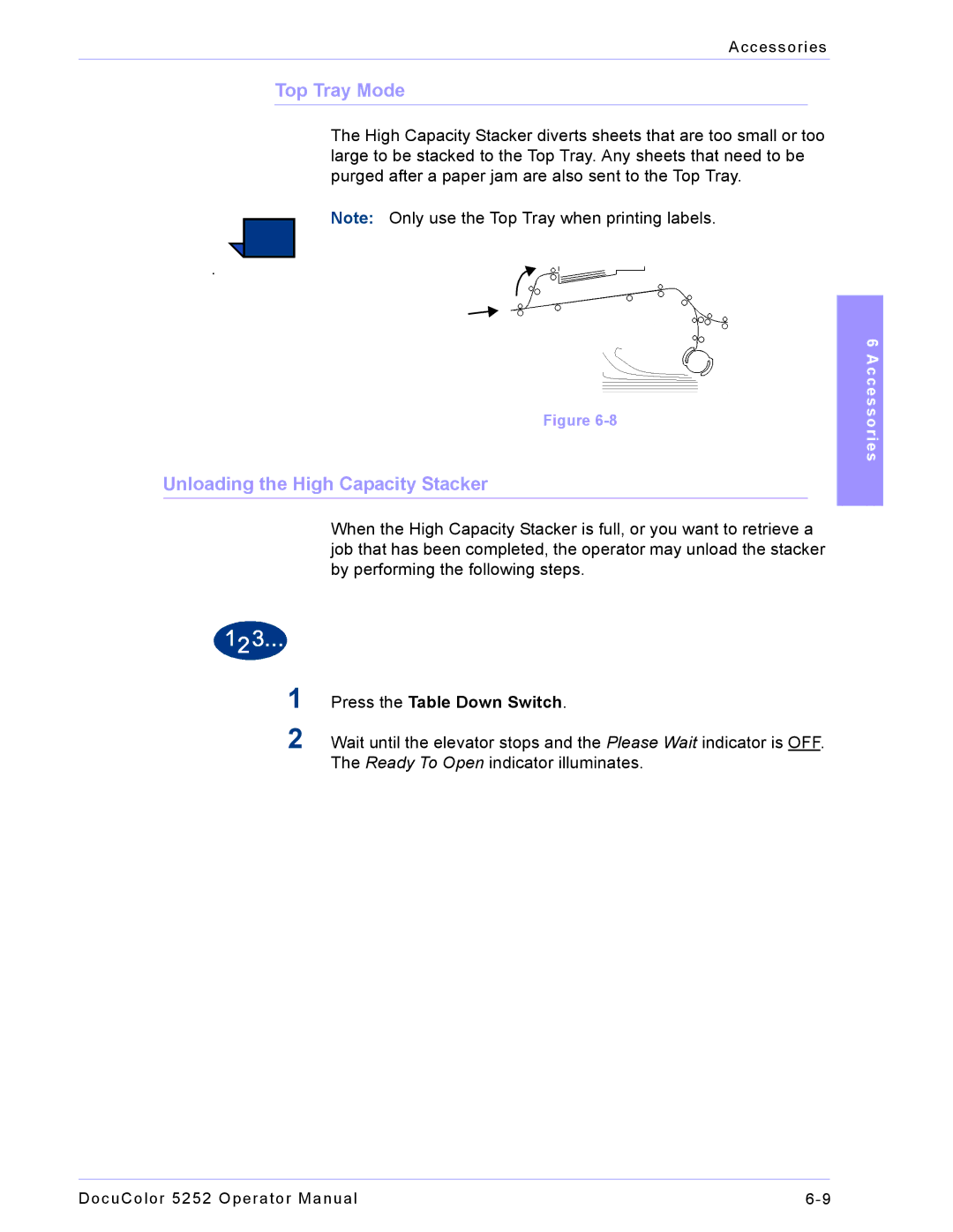 Xerox 5252 manual Top Tray Mode, Unloading the High Capacity Stacker 