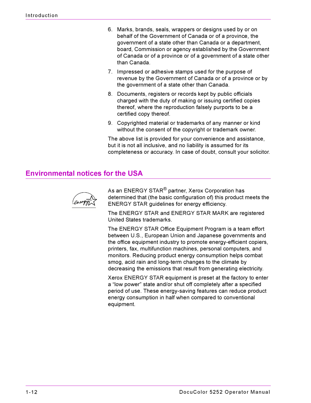 Xerox 5252 manual Environmental notices for the USA 