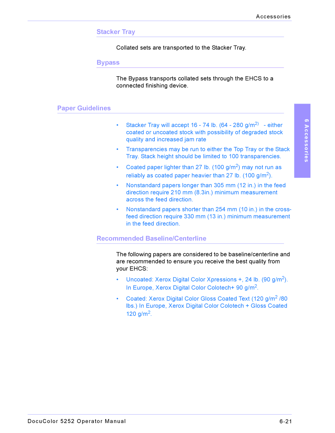 Xerox 5252 manual Stacker Tray, Bypass, Paper Guidelines, Recommended Baseline/Centerline 