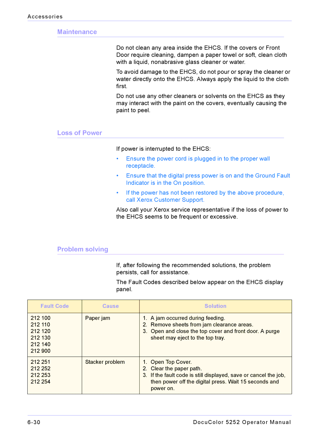 Xerox 5252 manual Maintenance, Fault Code Cause Solution 