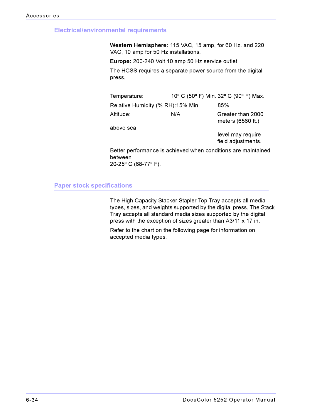 Xerox 5252 manual Electrical/environmental requirements, Paper stock specifications 