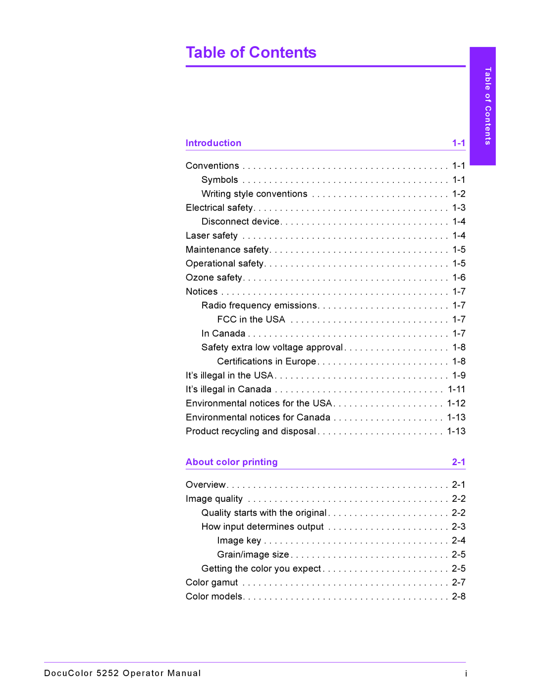 Xerox 5252 manual Table of Contents 