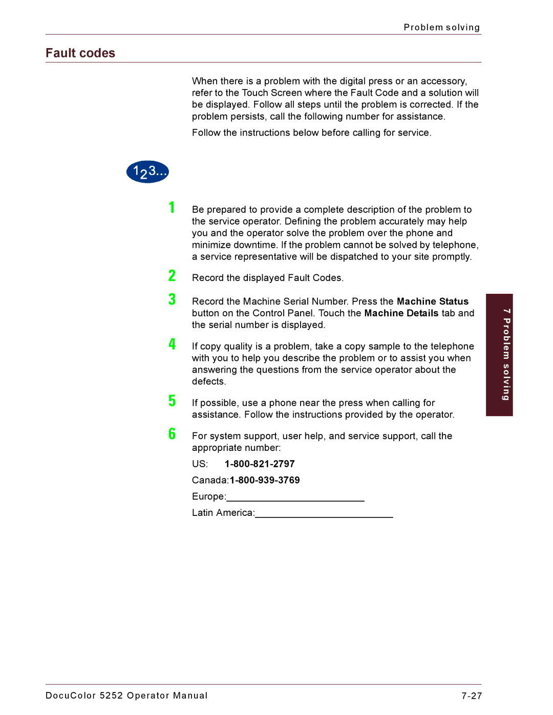 Xerox 5252 manual Fault codes 