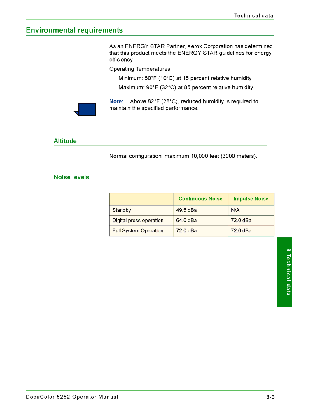 Xerox 5252 manual Environmental requirements 