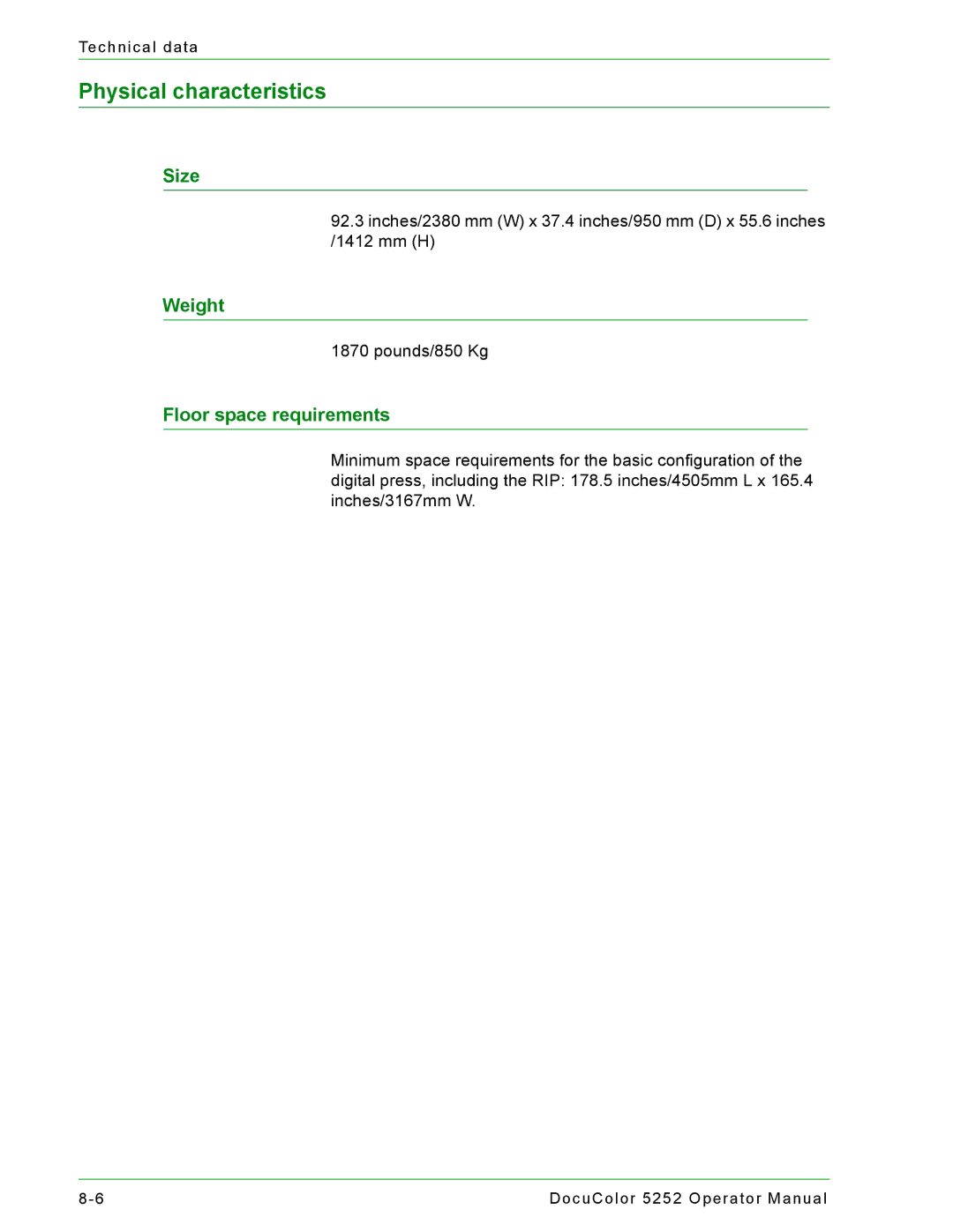 Xerox 5252 manual Physical characteristics 