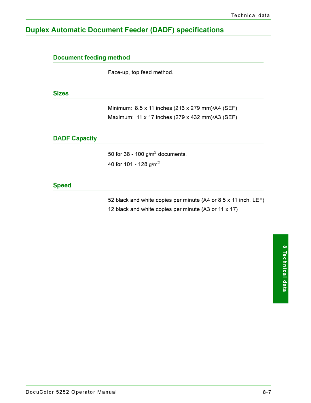 Xerox 5252 manual Duplex Automatic Document Feeder Dadf specifications 